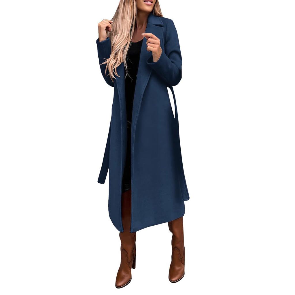 Women's Winter Woolen Coat Elegant Lapel Trench Coat Color Long Jacket Work Tie Long Coat
