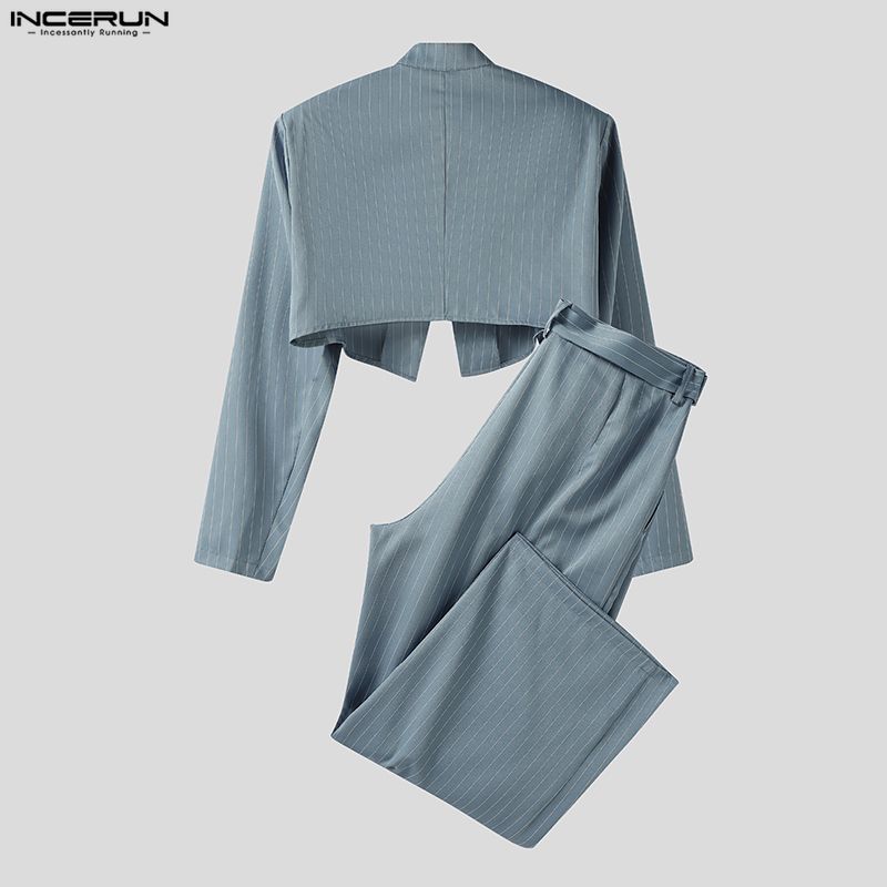 INCERUN Men Striped Outfits Stand Neck Long Sleeve Crop Tops Zip-Up High Waist Long Pants Sets