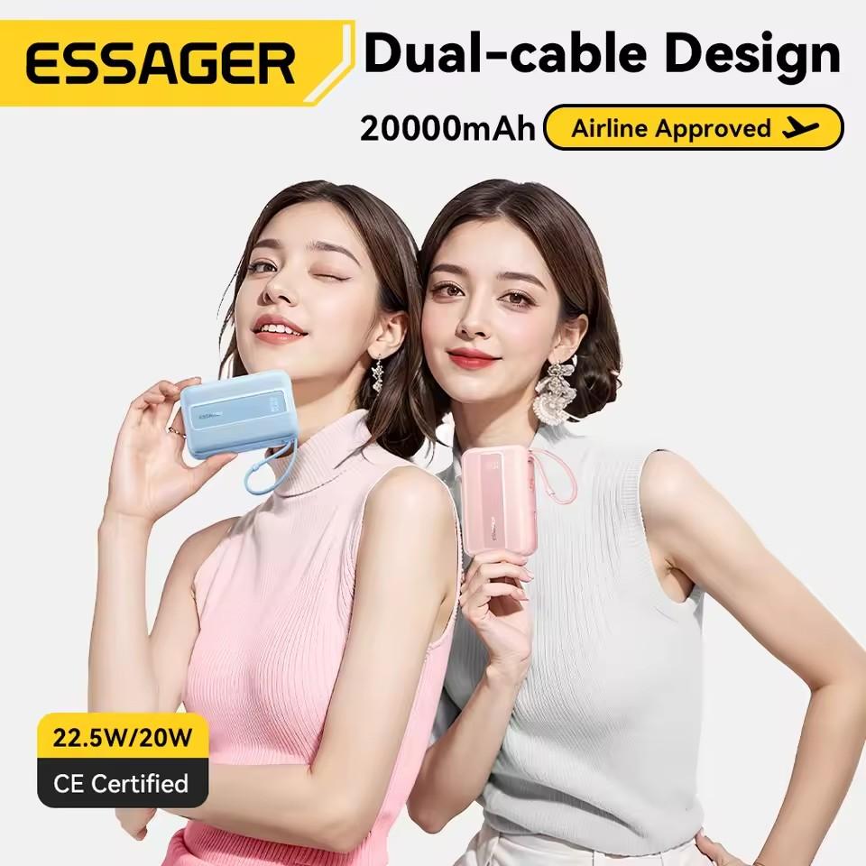 Essager 10000/20000mAh Type C Cable Power Bank PD 22.5W Fast Charging Phone External Battery for Xiaomi iPhone 16 15 14 Samsung iPad