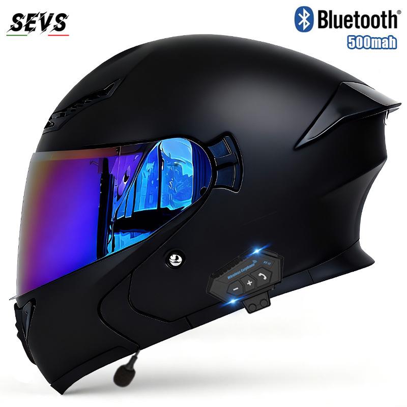 All-Season Universal Flip-up Motorcycle Helmet with Double Visor and Bluetooth Earbuds for Men and Women