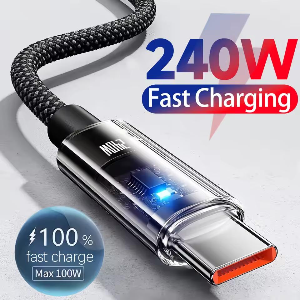0.25/1/1.5/2M 240W Nylon USB C PD Super Fast Charging Data Cable with LED Digital Display USB To Type C Quick Charge Data Cords