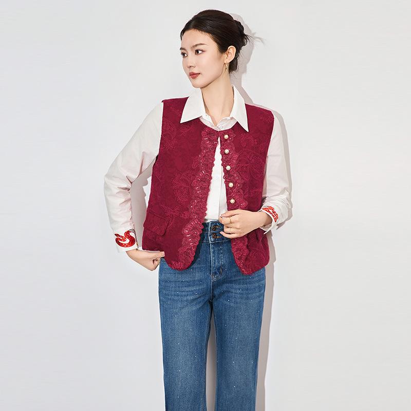

Новый китайский дизайн женский весенний жакет-жилет из жаккардового льна с жемчужными пуговицами Medium красный