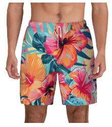 Beach Shorts, Palm Leaves with 3D Pattern for Men, Quick Drying Shorts for Hawaiian Plants
