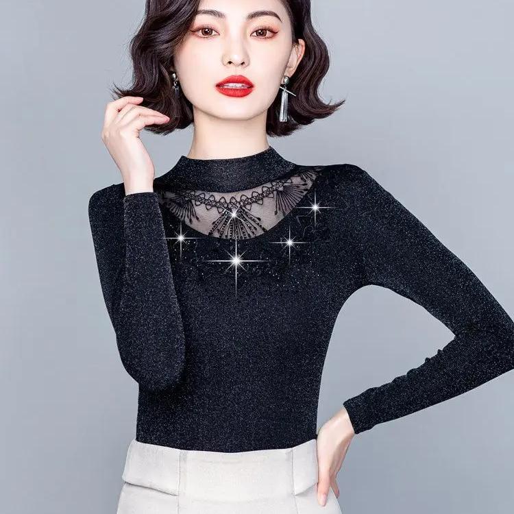 Autumn New Fashion Bottoming Shirt Women's Mesh Collar Slim Mom's Clothing Long Sleeve Top M-5XL