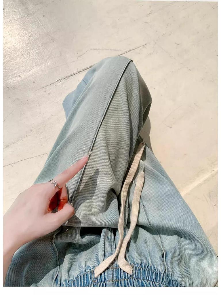 Women's High-Waisted Wide-Leg Ice Silk Jeans: Elastic Waist, Loose Fit, Slimming, Summer-Ready, Floor-Length.