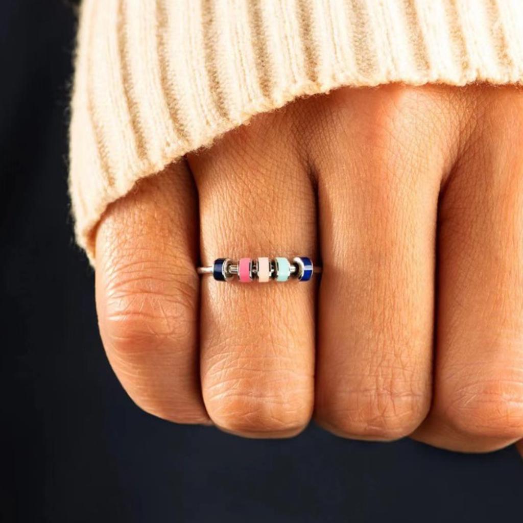 Color Beads Anxiety Ring Relieve Stress Adjustable Open Colorful Rotate Beads Ring for Women Men
