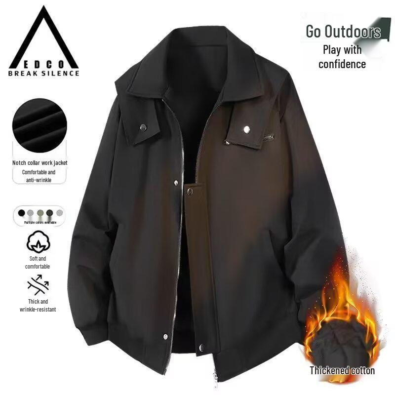 

Men s Autumn/Winter Versatile Lapel Workwear Jacket, Plus Velvet, Solid Color, Casual Outdoor Outerwear M чорний