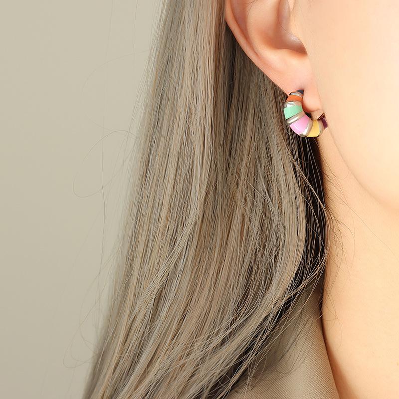 French Retro INS Style Non-Fading Colorful C-Shaped Enamel Striped Earrings
