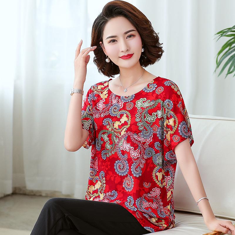 

Летняя женская футболка большого размера с рукавами «летучая мышь» половинной длины для женщин среднего и пожилого возраста XL (120-145 jin)