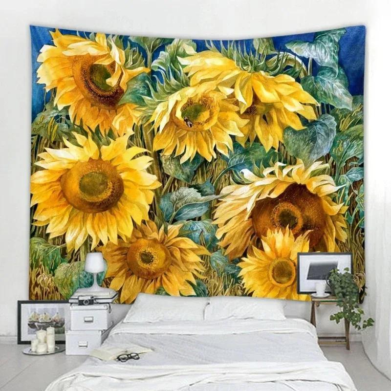 

Белый гобелен с хризантемами и подсолнухами, украшение для офиса, гостиной, настенный гобелен для дома 100x75cm
