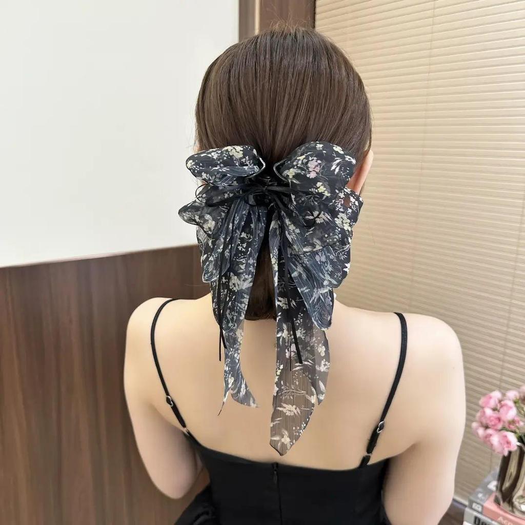 Handmade Chiffon Floral Bow Ponytail Clip for Voluminous Hair