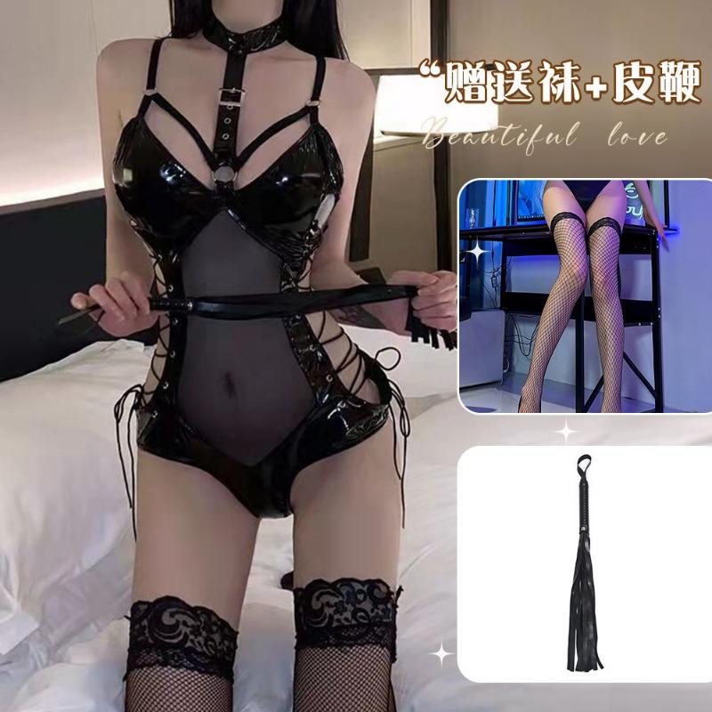 Sexy Queen Uniform Patent Leather Tight Binding Transparent Lingerie Set For Women