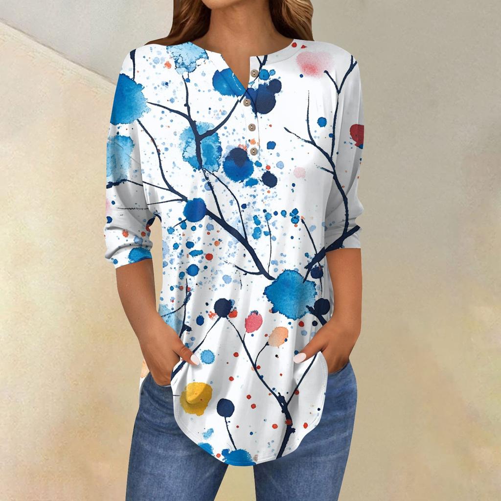 Women's Fashion Loose Button Collar Print 3/43/4  Sleeve T-Shirt Tops Pullover