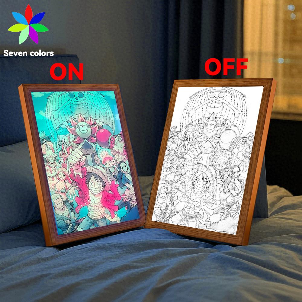 7 Color LED Night Light Anime Light Painting Photo Frame Luffy Zoro on One Piece Glowing Wall Art for Bedroom Office Decor Gift
