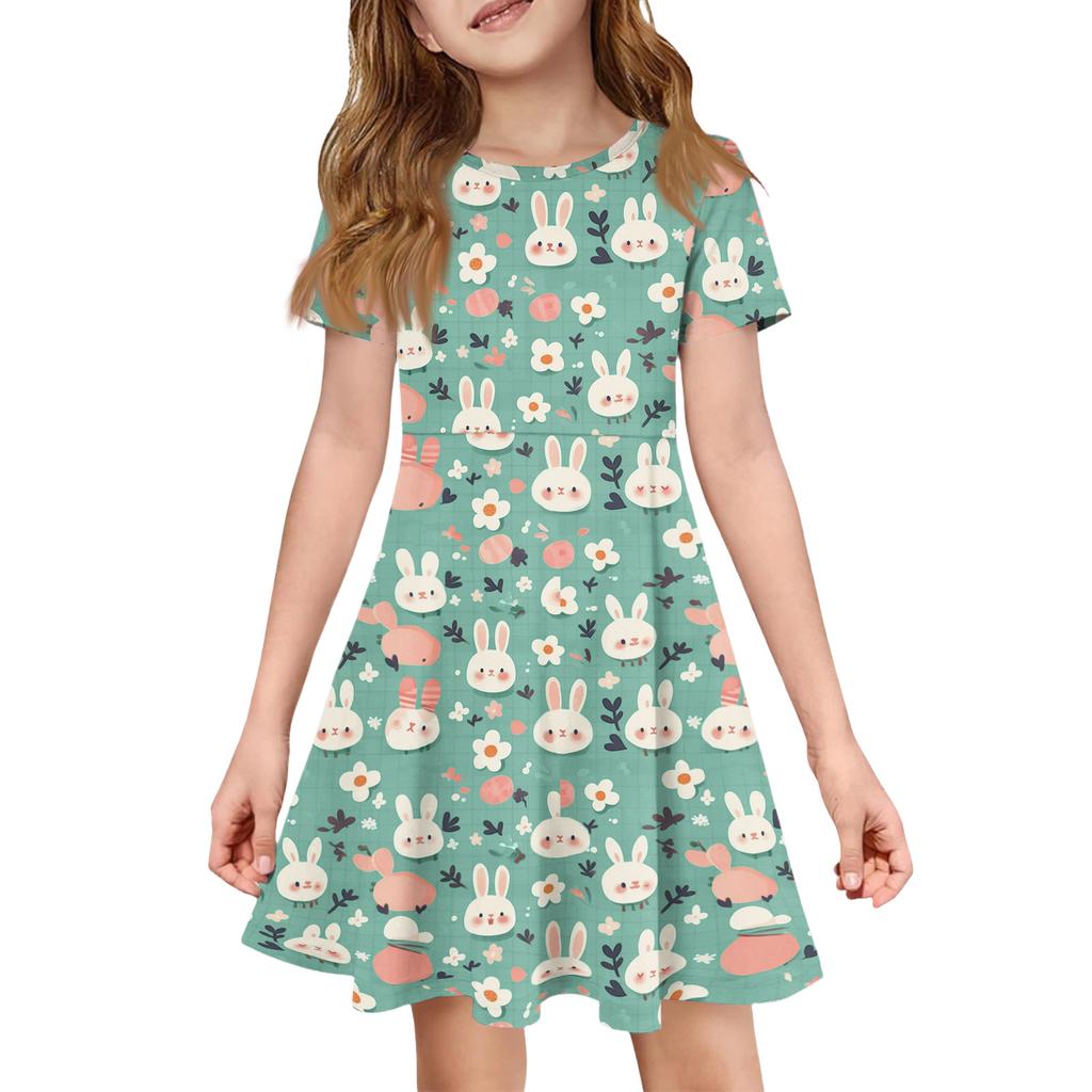 Girl Summer Dress Color & Print Short Sleeve Dress With Pocket Casual Dress Shorts Sleeve Party Dress Easter Day