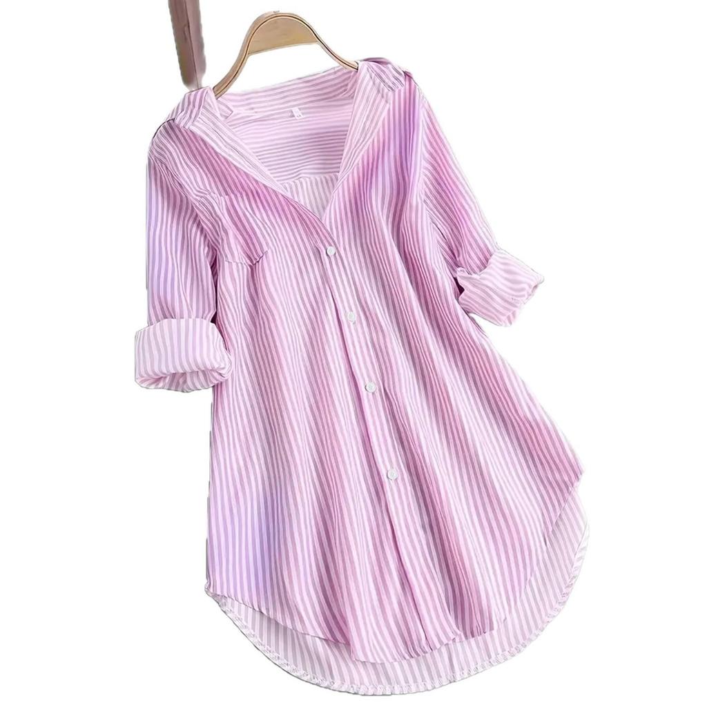 Women's New Style Striped Mid-Length Loose Shirt, Casual Fashion, Long-Sleeved