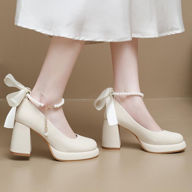 High Quality Mary Janes Shoes for Womens Pearl Necklace Pumps Round Toe Shallow Mouth Beaded Bow Thick High Heels Office Shoes