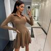 Women's Autumn Solid Waist-Hugging Long-Sleeve Collared Short Dress