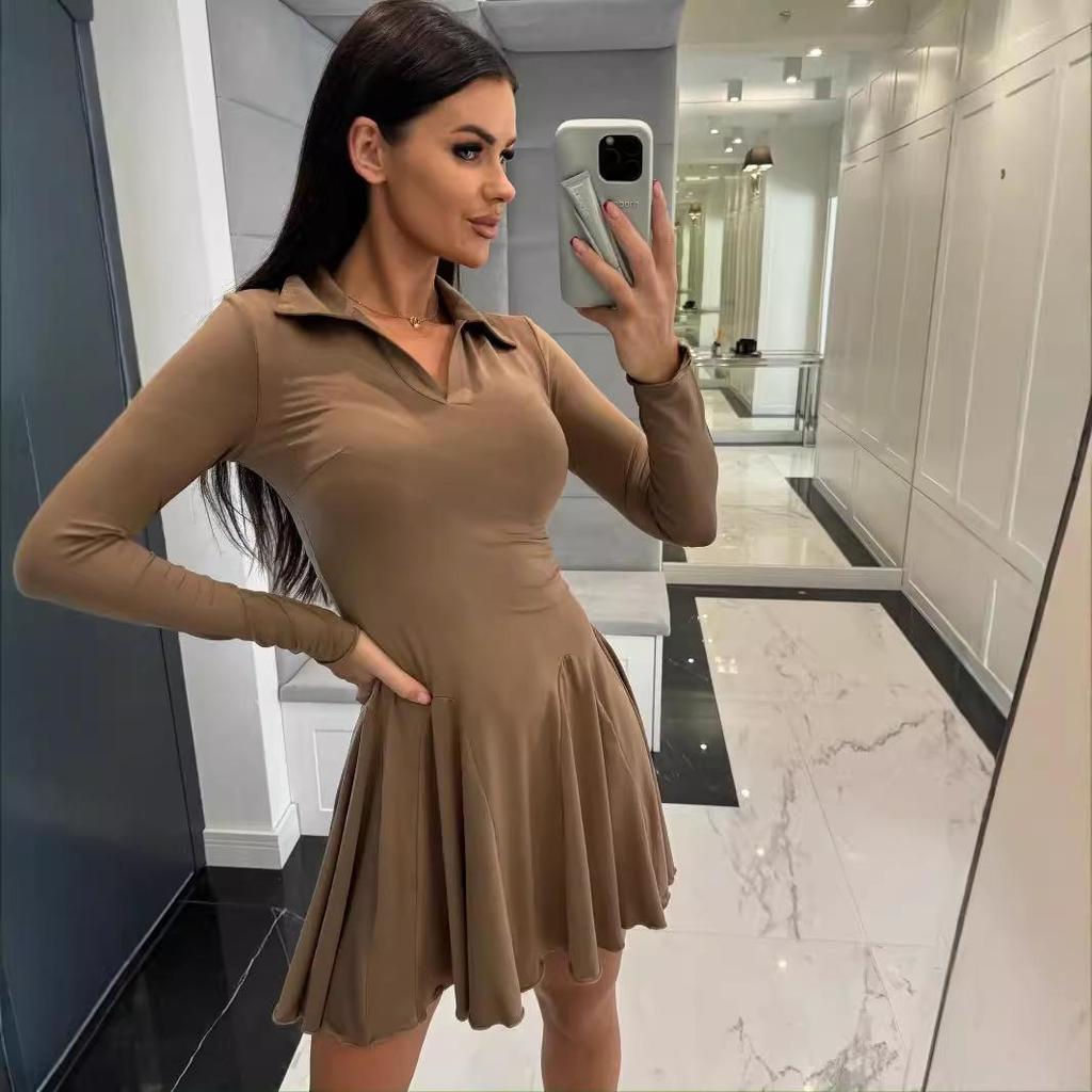 Women's Autumn Solid Waist-Hugging Long-Sleeve Collared Short Dress