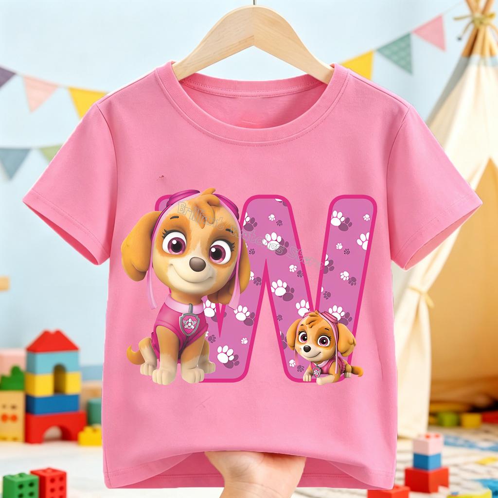 Paw Patrol Skye T-shirt for Children Cartoon A-Z Letter Tee Top Round Collar Clothing Girls Short Sleeve Kids Anime Clothes Gift
