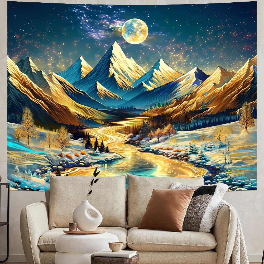 Magical Mountain River Tapestry, Golden Moon & Starry Sky Over Snowy Peaks Print, Wall Hanging for Nature Aesthetic Decor
