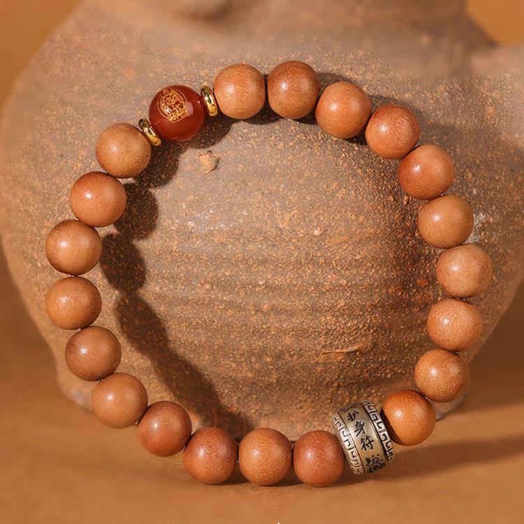 Chinese Zodiac Peach Wood & Agate Bracelet for Men and Women - Retro Year of the Snake Jewelry, Benmingnian Gift