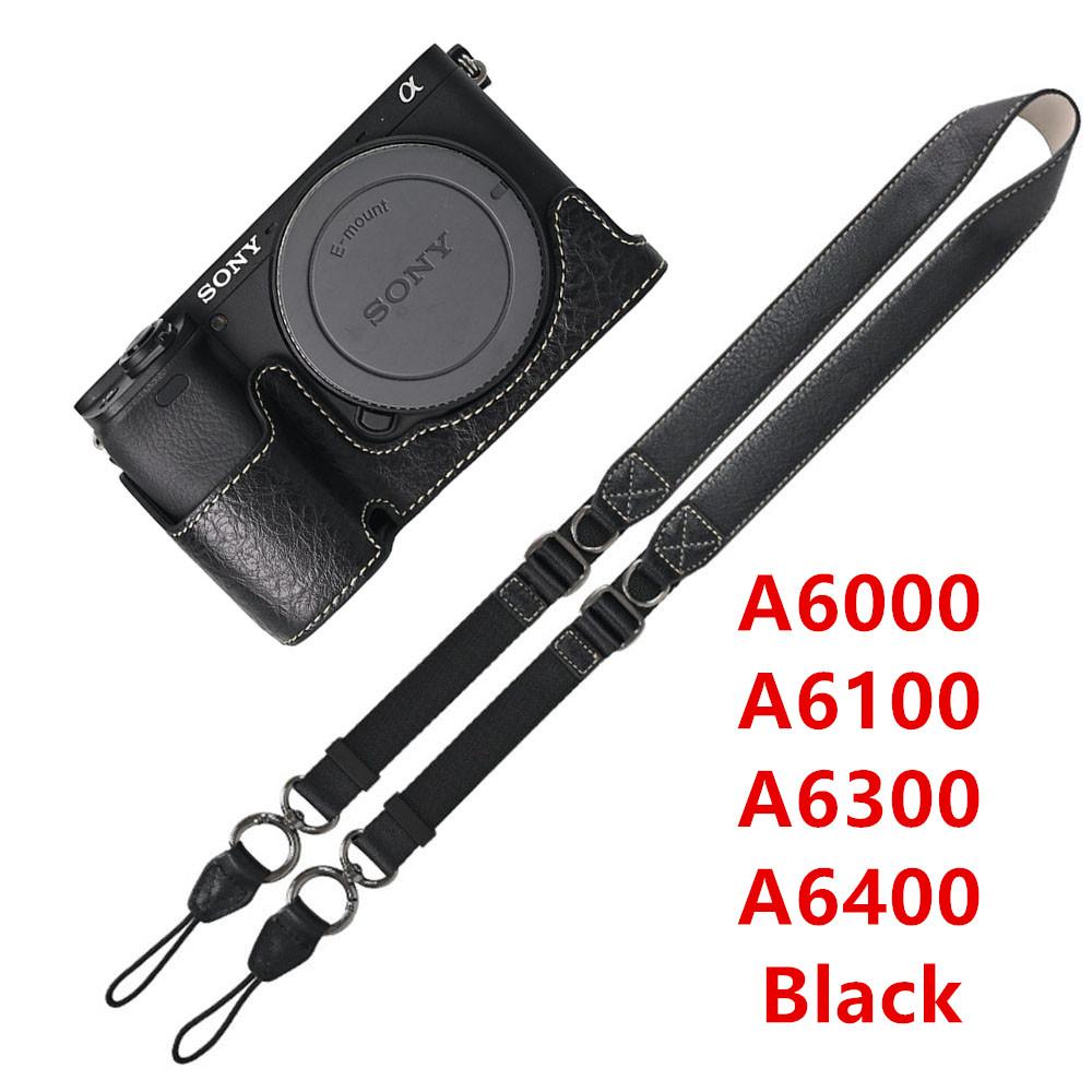 Půl pouzdro na fotoaparát z PU kůže s texturou liči pro Sony A6700 A6400 A6300 A6100 A6000 ZVE10 ZVE10II ZVE10M2 Spodní otevírací kryt s popruhem