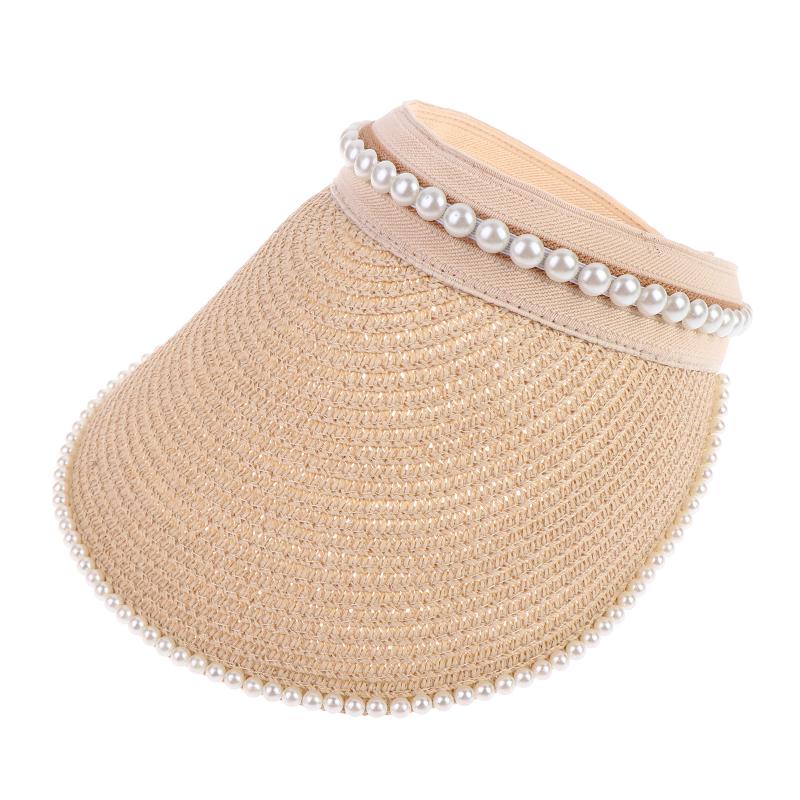 Imitation Pearl Empty Top Straw Hats For Women Casual Summer Beach Visor Caps Foldable Wide Large Brim Sun Uv Protection Caps