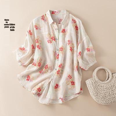 Haut fleuri à manches chauve-souris et col revers pour femme - Chemise ample en ramie pour l'été 2026