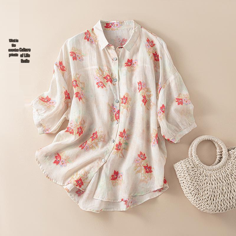 Women s Floral Batwing Sleeve Lapel Top - Loose Fit Ramie Shirt for Summer 2026 M