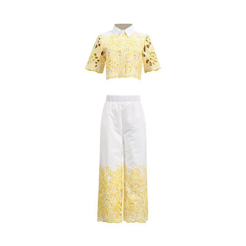 Fashionable Niche Design Two-piece Embroidered Hollowed-out Jacket High-waist Trousers Suit Women