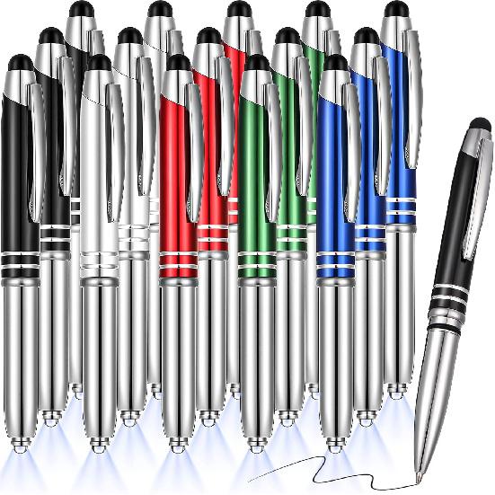 Zonon 15 Pieces LED Ballpoint Pen with Stylus Tip, Multi-Function Capacitive Pen with LED Flashlight, 1.0 mm Black Ink Metal Ballpoint for Touch Delicate Colors