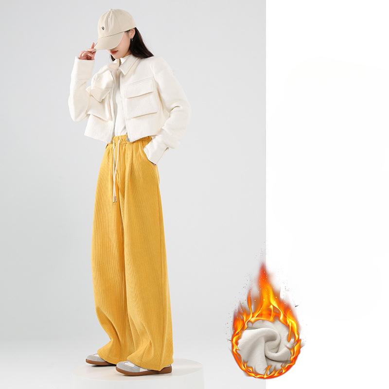 

Yellow Corduroy Wide-leg Pants Women s Autumn and Winter Plus Velvet Loose Lazy Straight Pants M жовтий