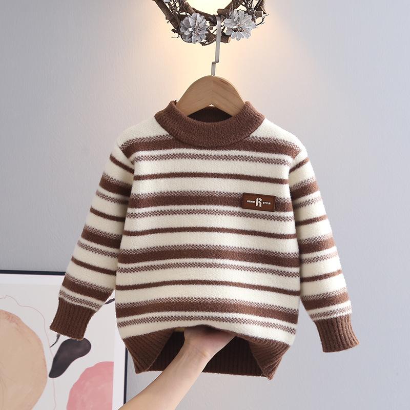 

Свитер для мальчиков 2024 года, осенне-зимняя рубашка с круглым вырезом в полоску, детские топы с длинными рукавами для детей от 3 до 8 лет 110cm коричневый