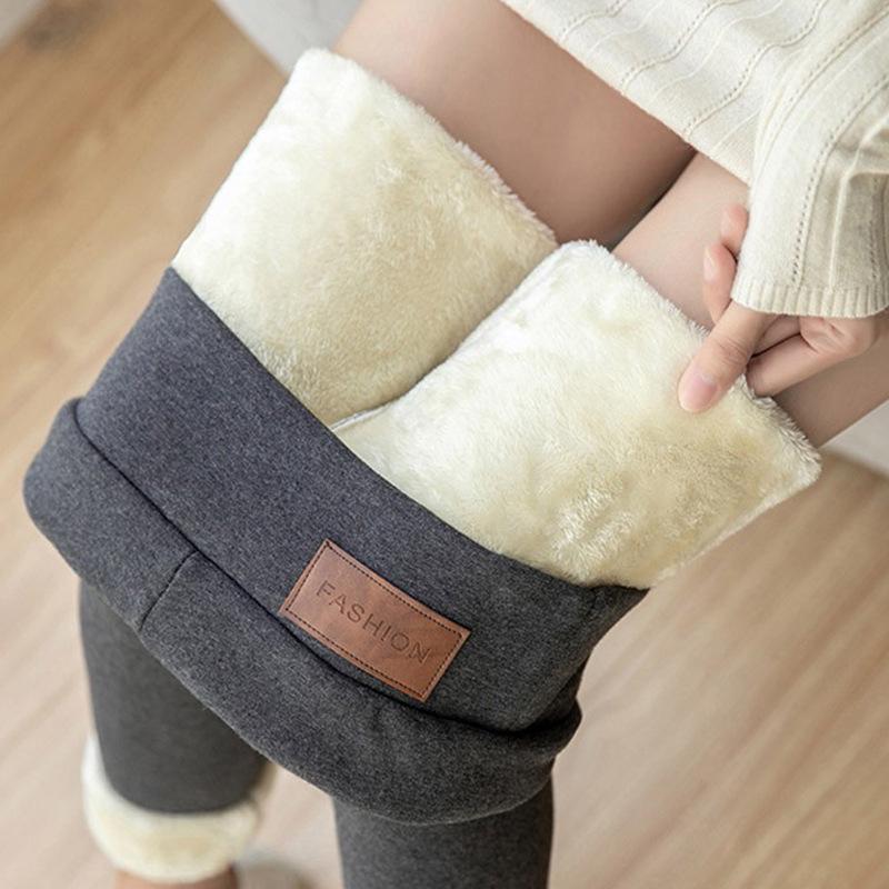 Thickened Fleece-lined Solid Color Lamb Wool Leggings for Women, High Waist, Tight-fitting, Warm Pants, Yoga Pants for Autumn and Winter.