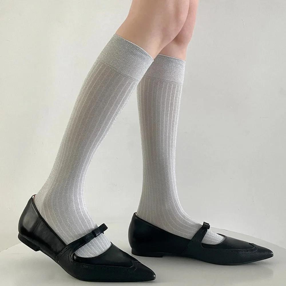 Glitter Shiny Long Socks Women Stockings Female Summer Thin Loose Long Socks Bright Gold Silver Silk Knee Socks Christmas Gifts