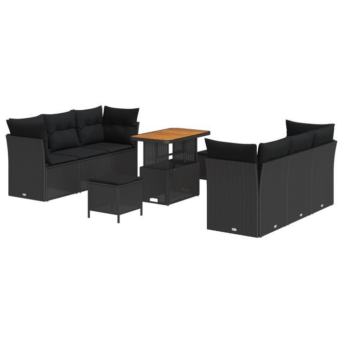 Ensemble de canapé de jardin 9 pièces avec coussins noir poly rotin acacia, Ensemble de salle à manger de jardin 3 pièces 3363389