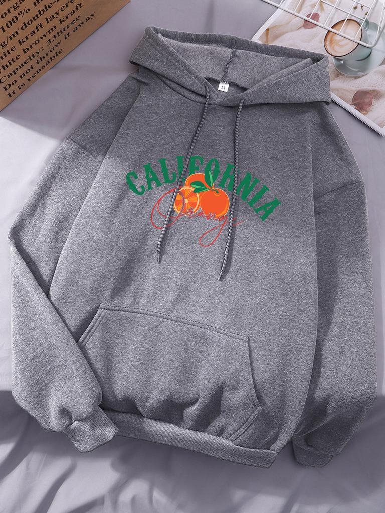 California Orange Printing Hoodies Women Winter Fleece Warm Sweatshirts Casual Pocket Pullovers Street Loose Womans Streetwears