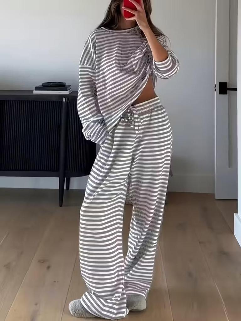 European and American Women's Striped Casual Suit: Long Sleeve Top & High Waist Pants Two-Piece Set (Spring/Autumn 2026)