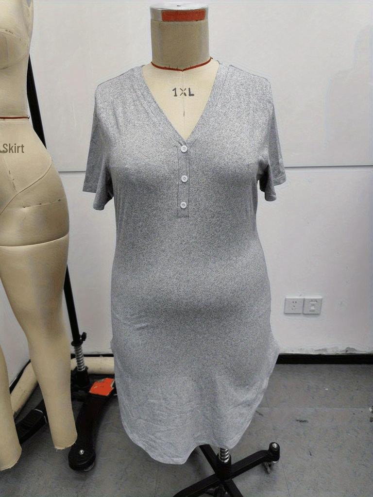 Plus Size Solid Color V-Neck Button Summer Dress for Europe & America