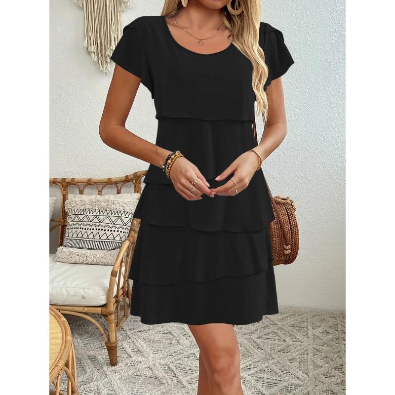 QICED Fashion Summer Spring Solid Color Print Short Sleeve O-Neck Casual Dresses