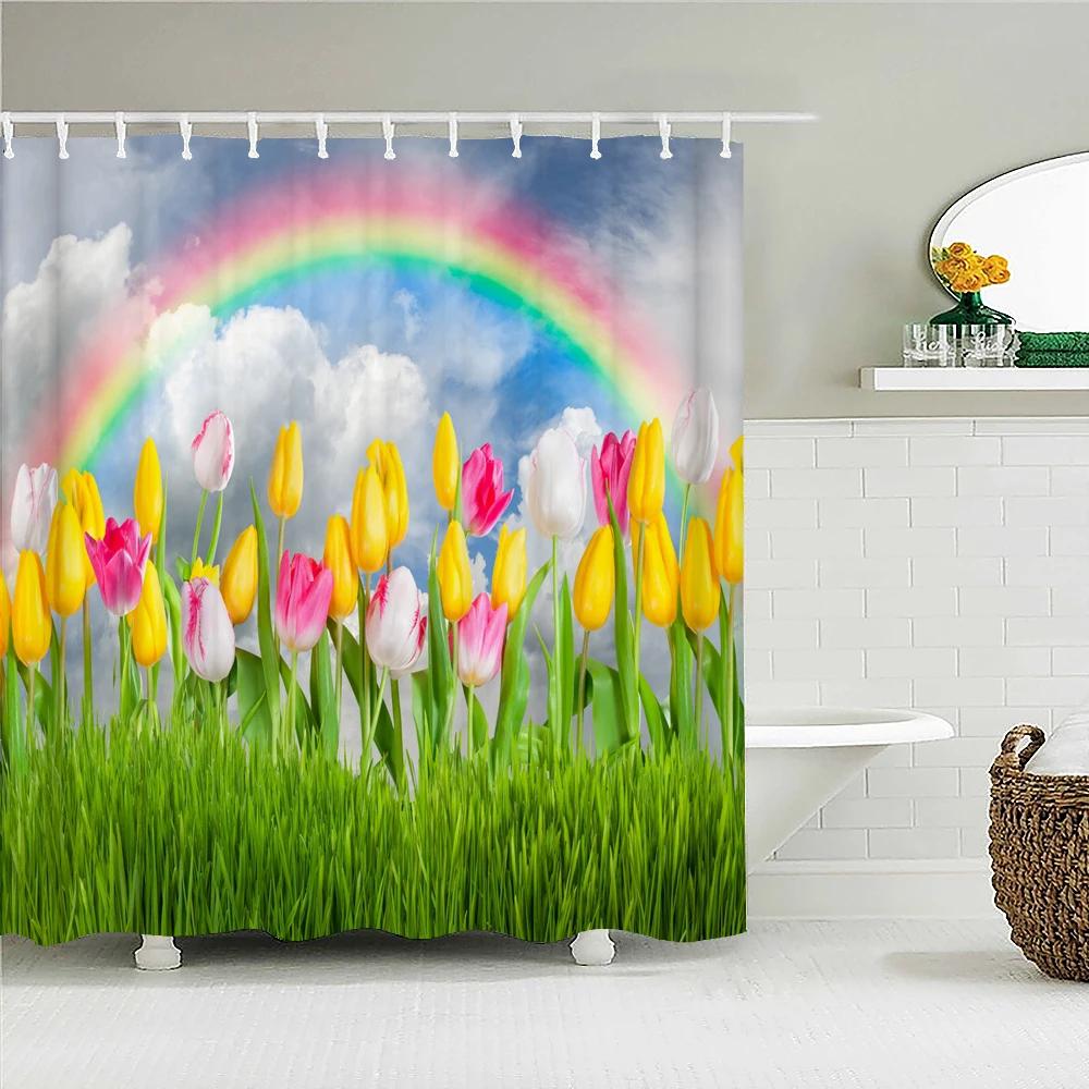 

Colorful Tulip Flowers Shower Curtains 3D Beautiful Flower Print Bath Curtain Waterproof Fabric With Hooks Bathroom Decoration W60H190(CM)-1 Pcs