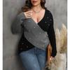 Women Plus Size Color Block Beaded Deep V Cross Long Sleeve Sweater