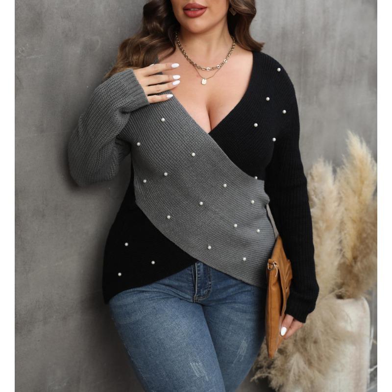 Women Plus Size Color Block Beaded Deep V Cross Long Sleeve Sweater