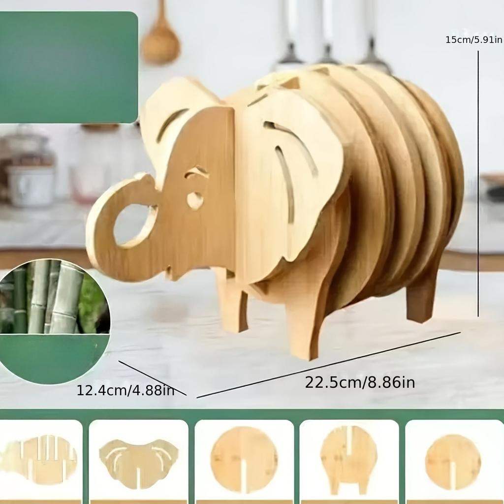 Creative Wooden Elephant Heat Mat, Home Decor Set, Suitable for Hot Dishes, Cookware, Bowls, Cups, Anti-Slip Heat-Resistant Pad