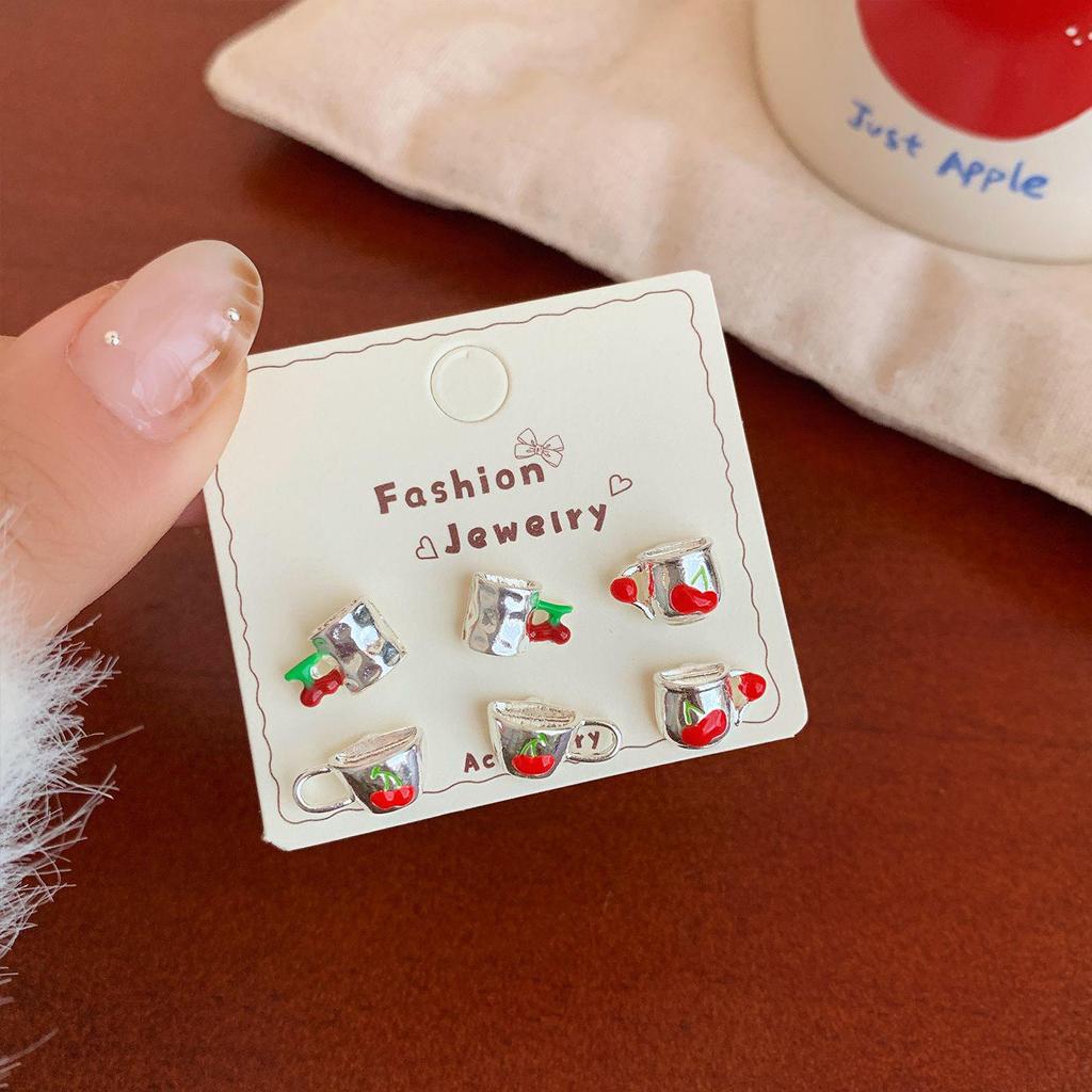 Christmas Red Apple & Cherry Stud Earrings - Women's Silver Needle Autumn/Winter Fruit Jewelry Set