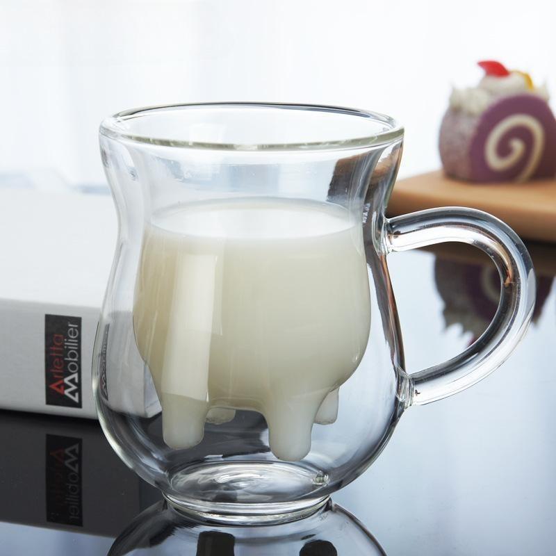 Creative Dairy Cow Mug, Double Wall Glass Cup for Milk Coffee Beer Fruit Juice, Heat Insulation Glass Household Drinkware