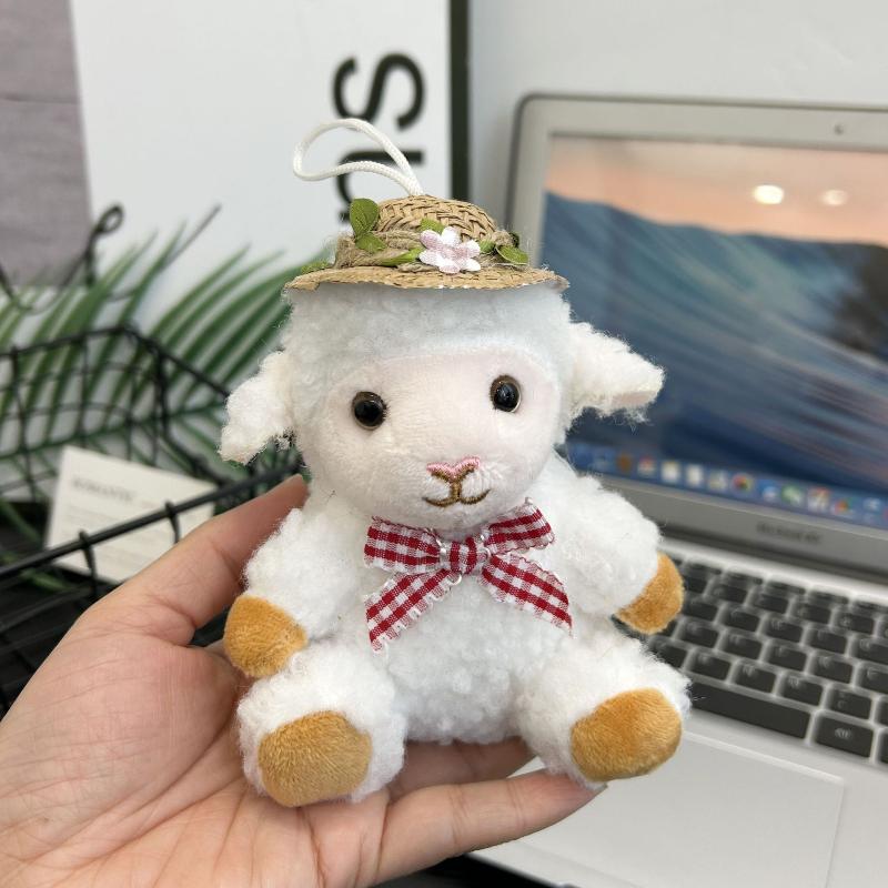 Cute Soft Plush Sheep Keychain Fluffy Straw Hat Plaid Bow 1Pcs Portable Key Ornament for Travel Backpack Decor