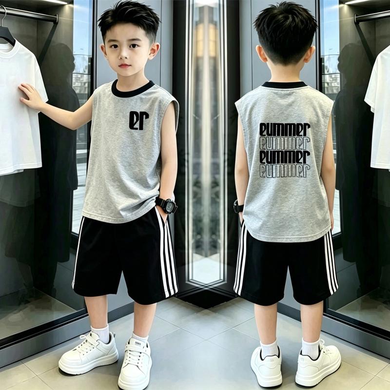 Boys' Summer Color Block Vest & Shorts Set, Ages 8-12, Trendy Three Stripes Design