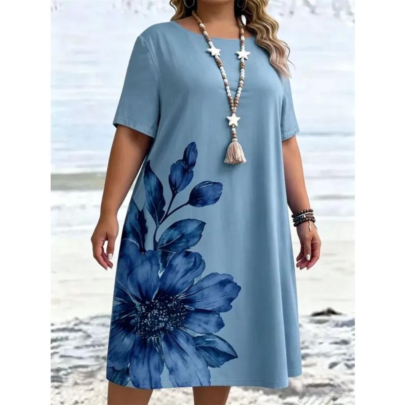 Plus Size Women Summer Midi Dress O Neck Short Sleeve 3D Floral Print Loose Casual Beach Holiday A-line Dresses